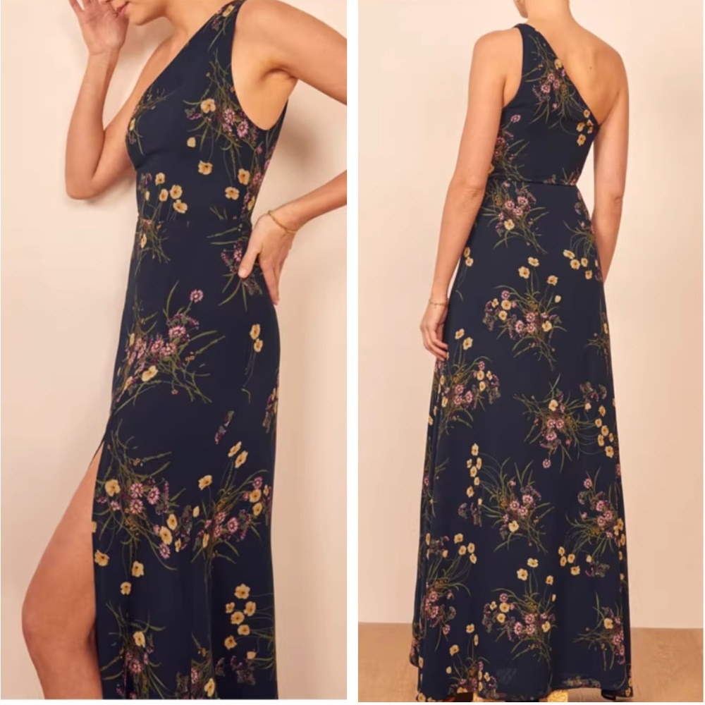 Reformation Navy One-Shoulder Floral Maxi Dress